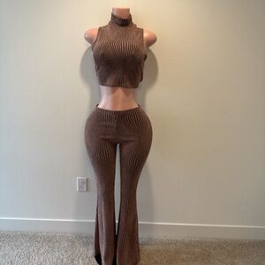 Fashion Nova Brown Knit Flare Pants Set